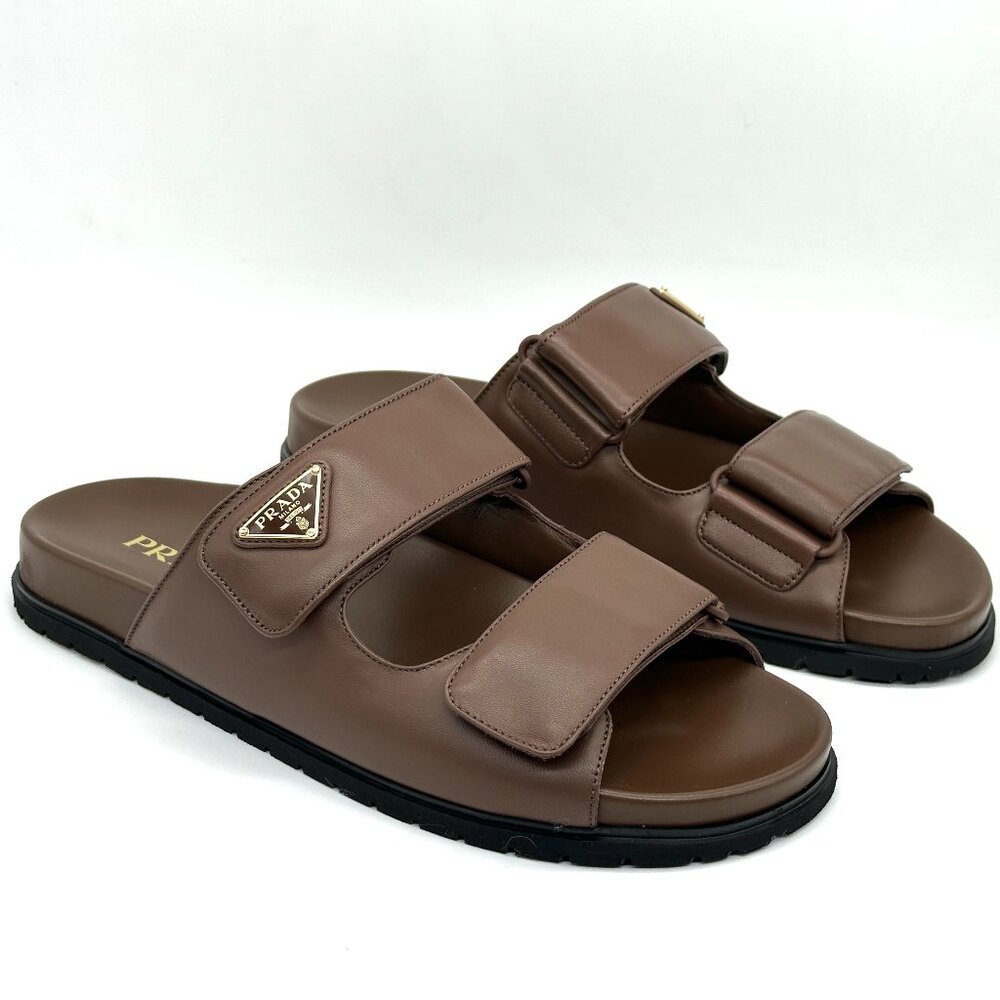 PRADA Triangle Logo Double Band Leather Flat Slide Dad Sandals Shoes Cacao - Picture 9 of 16